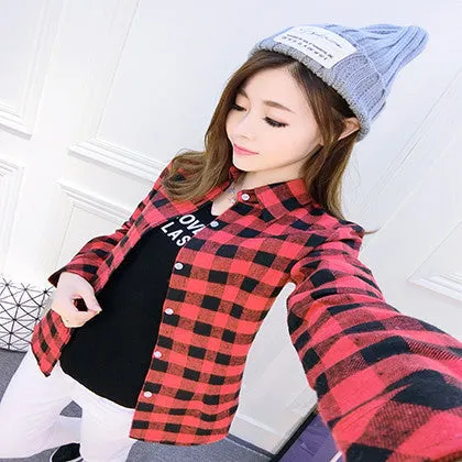 Fashion Plus Size Ladies Long Sleeve Casual Cotton Slim Plaid Shirt Women Tops Blouse Clothing Outerwear