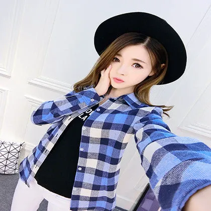 Fashion Plus Size Ladies Long Sleeve Casual Cotton Slim Plaid Shirt Women Tops Blouse Clothing Outerwear