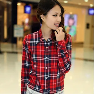 Fashion Plus Size Ladies Long Sleeve Casual Cotton Slim Plaid Shirt Women Tops Blouse Clothing Outerwear