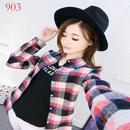 Fashion Plus Size Ladies Long Sleeve Casual Cotton Slim Plaid Shirt Women Tops Blouse Clothing Outerwear
