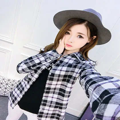 Fashion Plus Size Ladies Long Sleeve Casual Cotton Slim Plaid Shirt Women Tops Blouse Clothing Outerwear