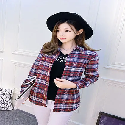 Fashion Plus Size Ladies Long Sleeve Casual Cotton Slim Plaid Shirt Women Tops Blouse Clothing Outerwear