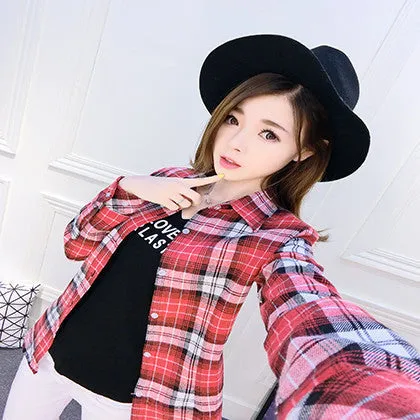 Fashion Plus Size Ladies Long Sleeve Casual Cotton Slim Plaid Shirt Women Tops Blouse Clothing Outerwear