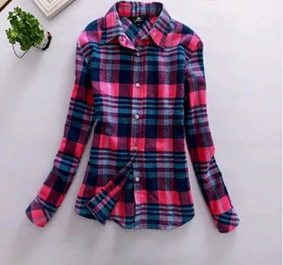 Fashion Plus Size Ladies Long Sleeve Casual Cotton Slim Plaid Shirt Women Tops Blouse Clothing Outerwear