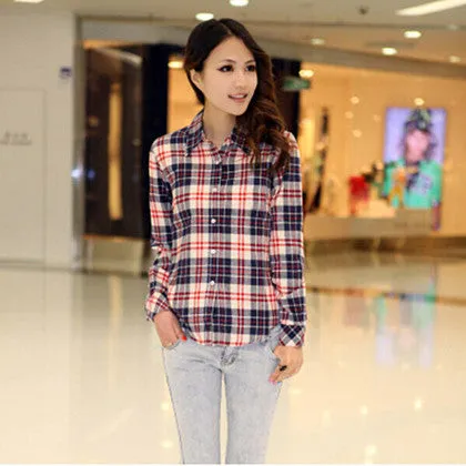 Fashion Plus Size Ladies Long Sleeve Casual Cotton Slim Plaid Shirt Women Tops Blouse Clothing Outerwear