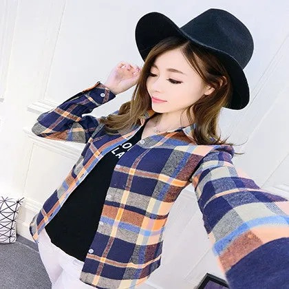 Fashion Plus Size Ladies Long Sleeve Casual Cotton Slim Plaid Shirt Women Tops Blouse Clothing Outerwear