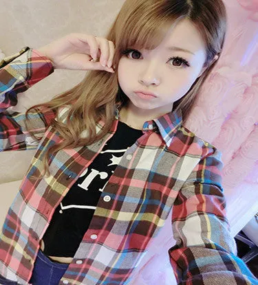 Fashion Plus Size Ladies Long Sleeve Casual Cotton Slim Plaid Shirt Women Tops Blouse Clothing Outerwear