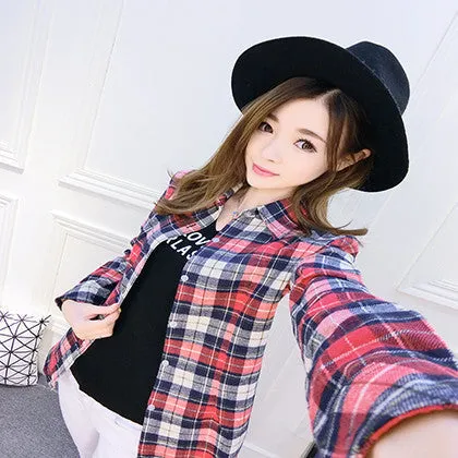 Fashion Plus Size Ladies Long Sleeve Casual Cotton Slim Plaid Shirt Women Tops Blouse Clothing Outerwear
