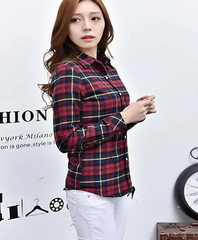Fashion Plus Size Ladies Long Sleeve Casual Cotton Slim Plaid Shirt Women Tops Blouse Clothing Outerwear