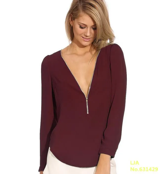 Fashion V Neck Long Sleeve Zipper Chiffon Blouses Women work wear Tops 6 Color Solid