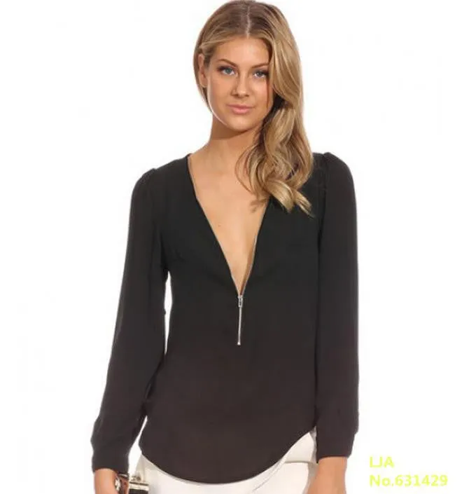 Fashion V Neck Long Sleeve Zipper Chiffon Blouses Women work wear Tops 6 Color Solid