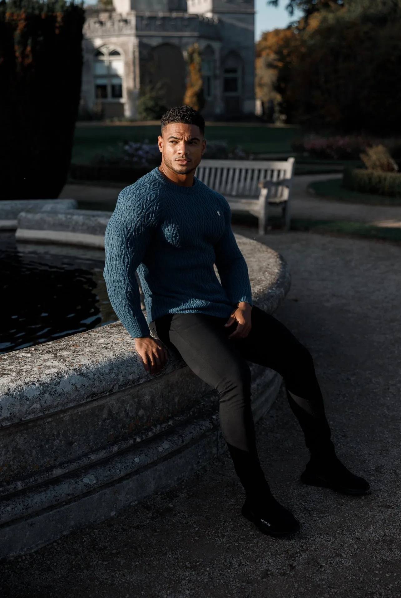 Father Sons Air Force Blue Knitted Elongated Diamond Crew Super Slim Raglan Jumper With Metal Decal - FSN046
