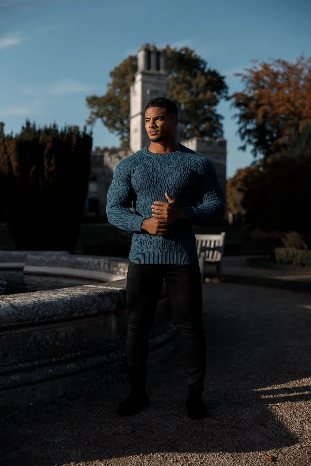 Father Sons Air Force Blue Knitted Elongated Diamond Crew Super Slim Raglan Jumper With Metal Decal - FSN046