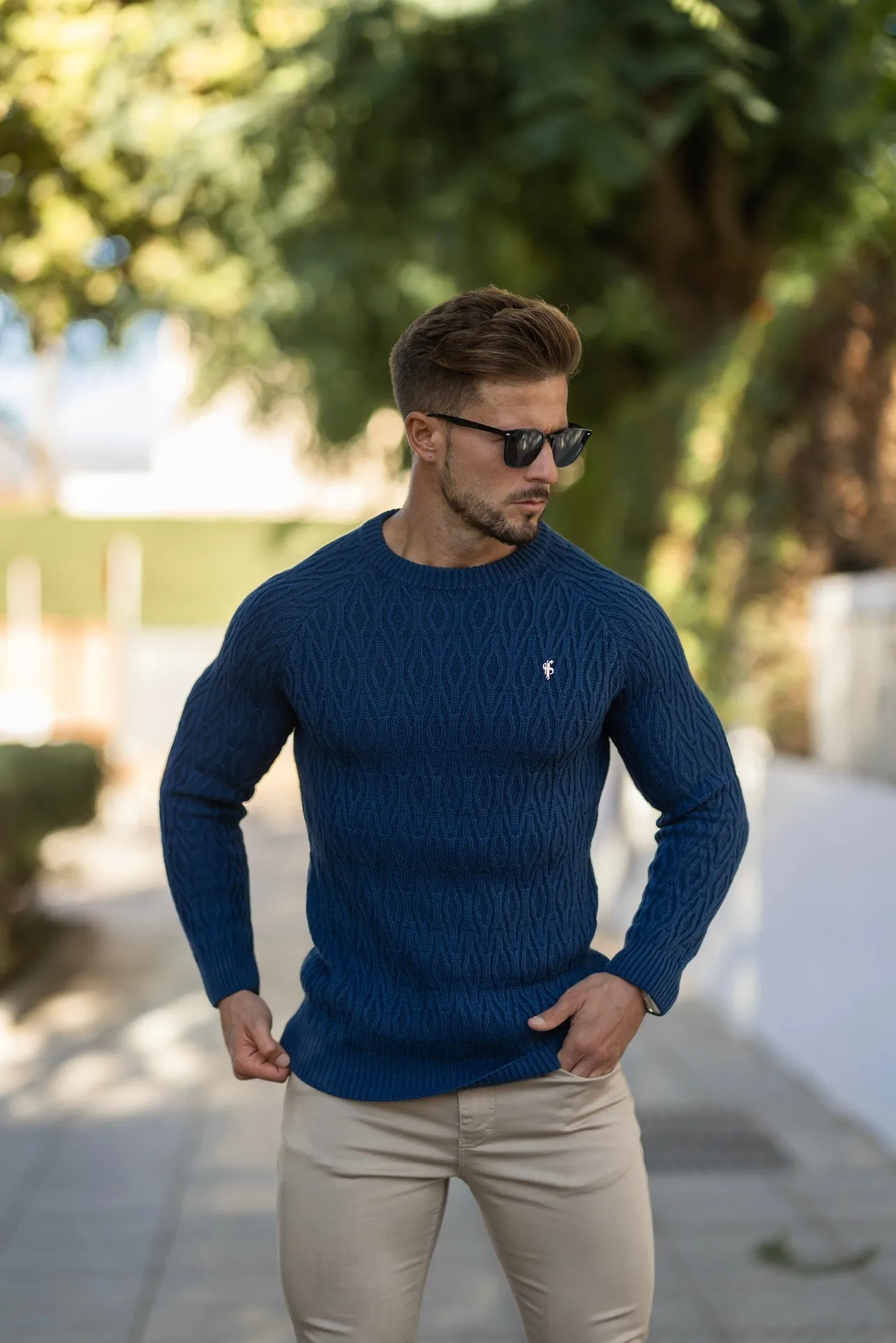 Father Sons Air Force Blue Knitted Elongated Diamond Crew Super Slim Raglan Jumper With Metal Decal - FSN046