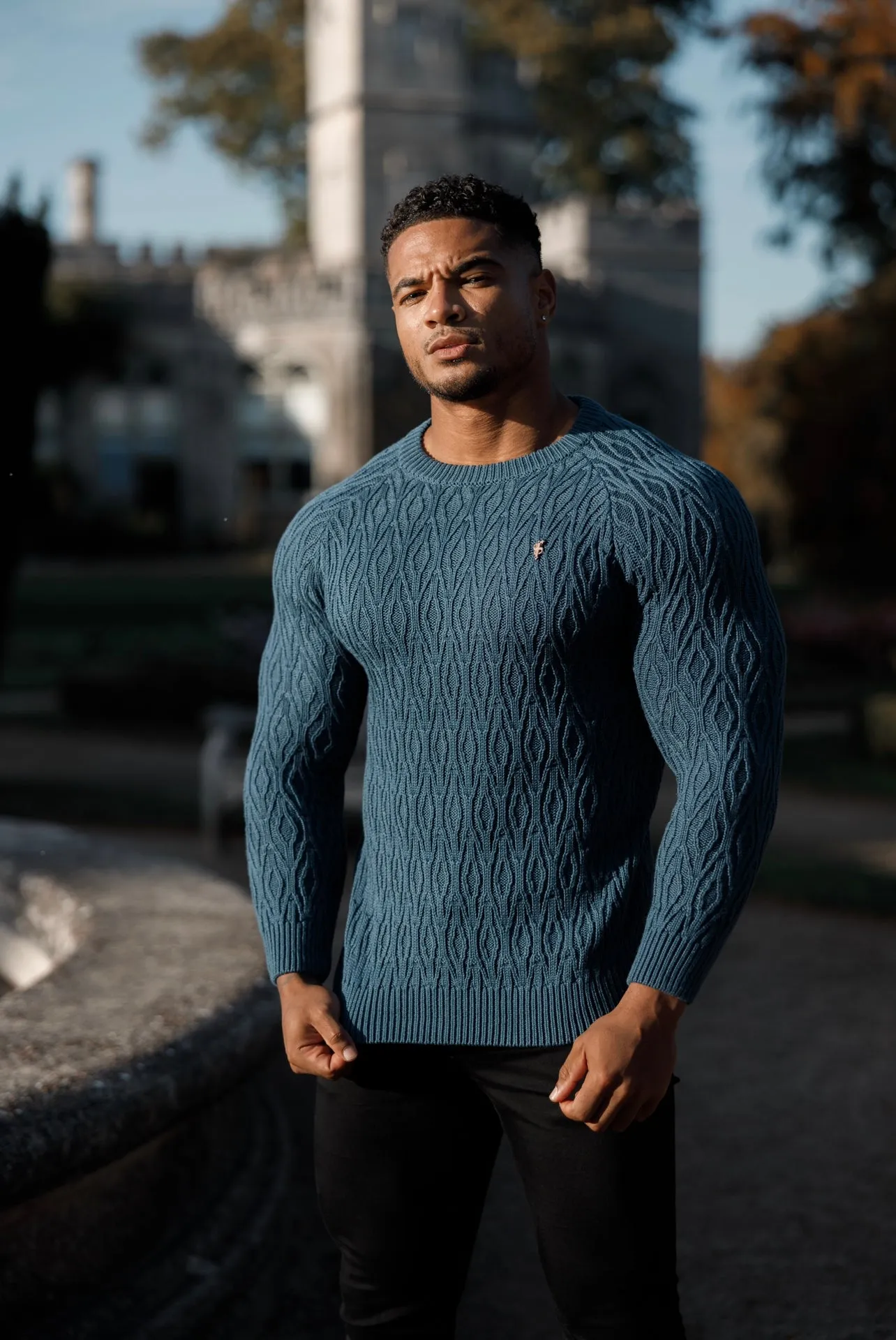 Father Sons Air Force Blue Knitted Elongated Diamond Crew Super Slim Raglan Jumper With Metal Decal - FSN046