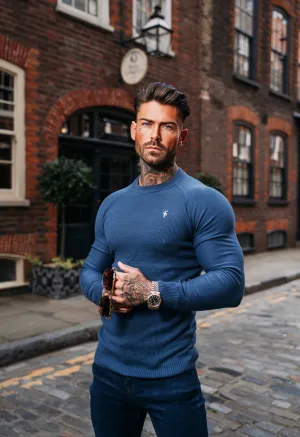 Father Sons Air Force Blue Knitted Honeycomb Raglan Crew Super Slim Jumper With Metal Decal - FSN066