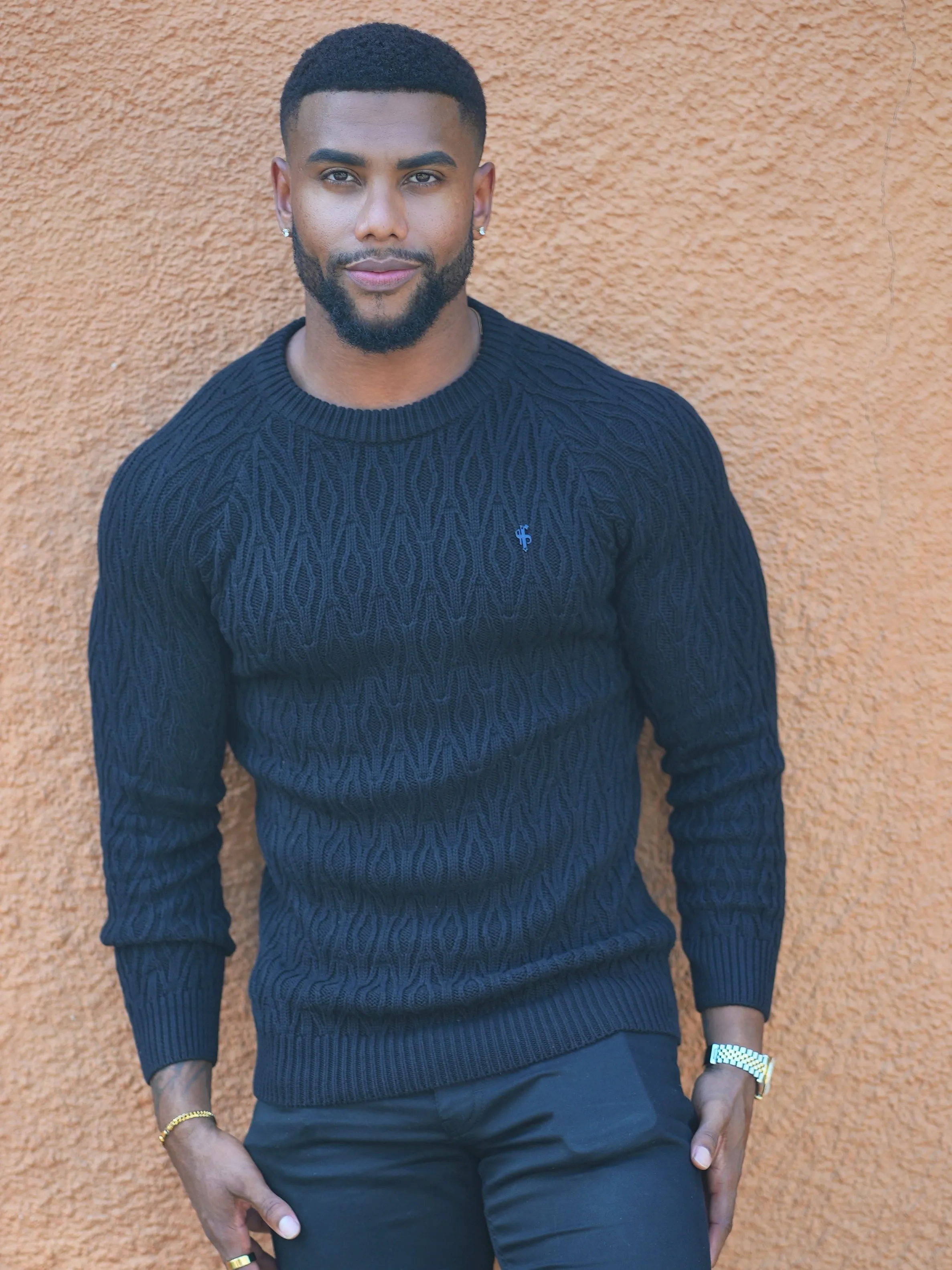 Father Sons Black Knitted Elongated Diamond Crew Super Slim Raglan Jumper With Metal Decal - FSN051