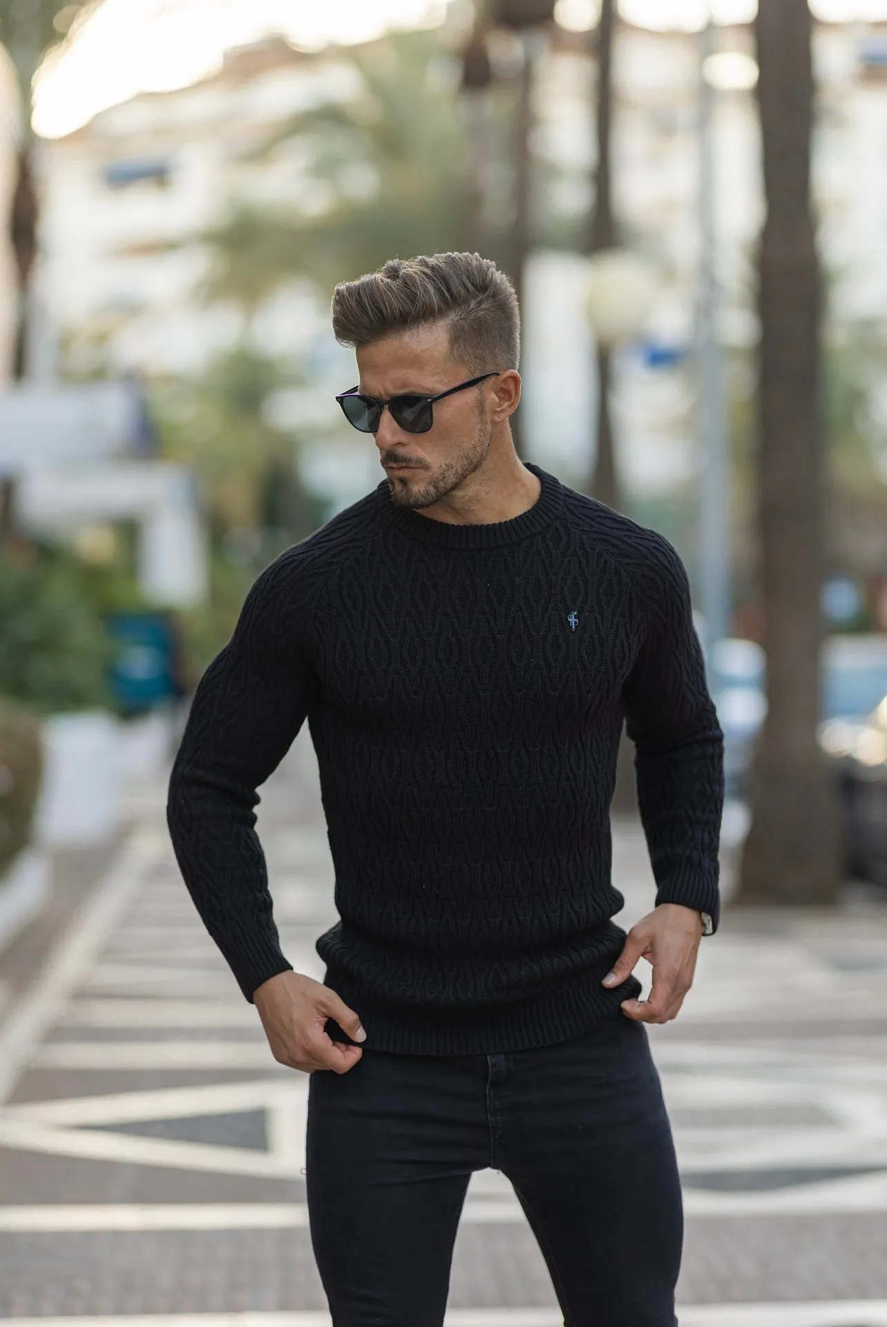 Father Sons Black Knitted Elongated Diamond Crew Super Slim Raglan Jumper With Metal Decal - FSN051
