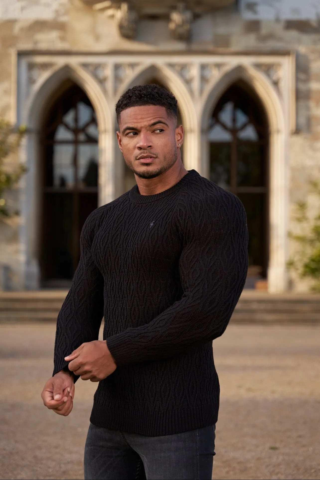 Father Sons Black Knitted Elongated Diamond Crew Super Slim Raglan Jumper With Metal Decal - FSN051