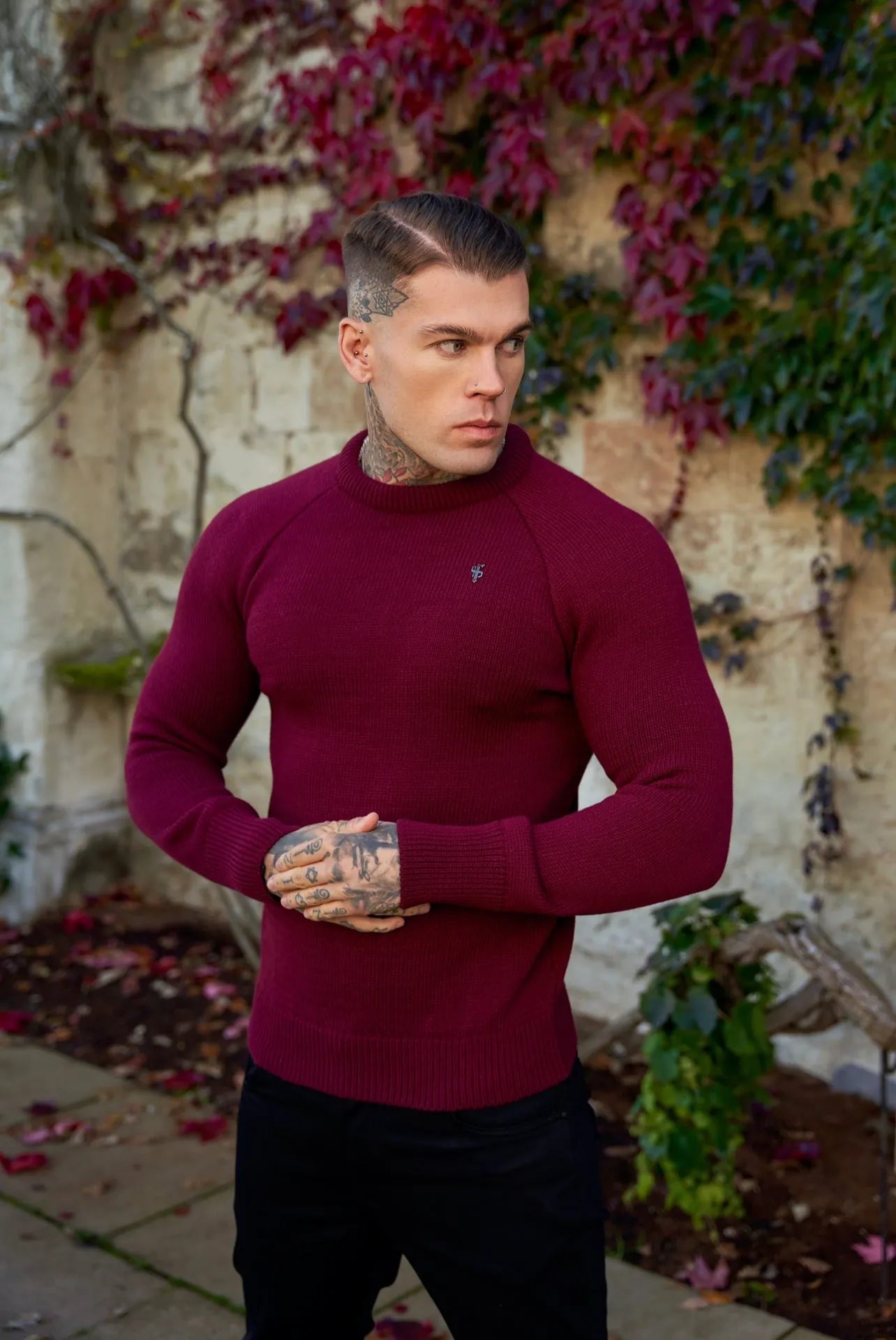 Father Sons Burgundy Knitted Raglan Crew Super Slim Jumper With Metal Decal - FSJ055