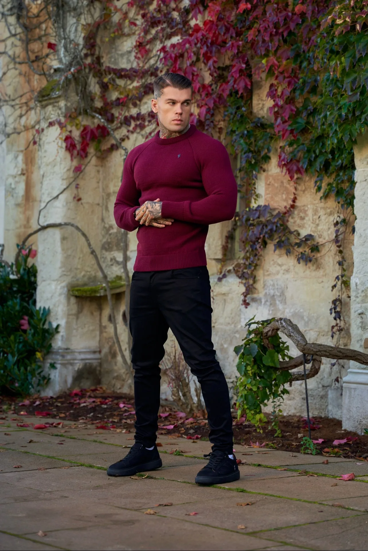 Father Sons Burgundy Knitted Raglan Crew Super Slim Jumper With Metal Decal - FSJ055