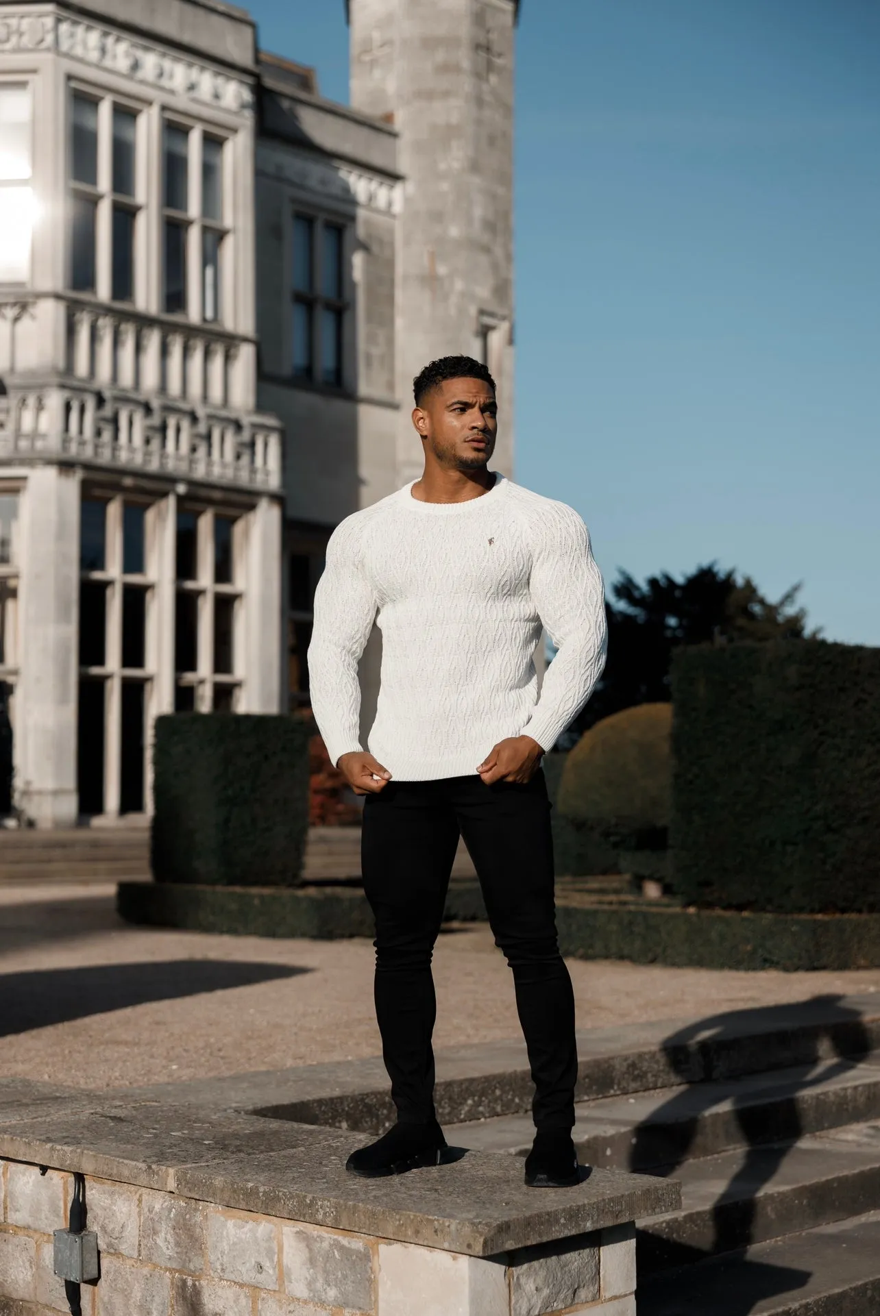 Father Sons Cream Knitted Elongated Diamond Crew Super Slim Raglan Jumper With Metal Decal - FSN052