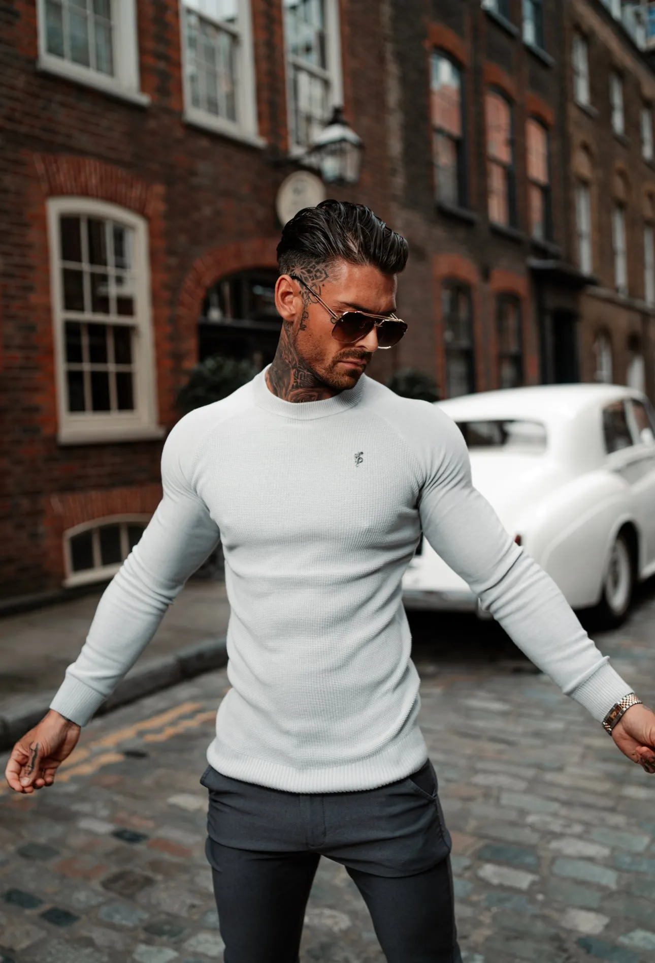 Father Sons Grey Knitted Honeycomb Raglan Crew Super Slim Jumper With Metal Decal - FSN063