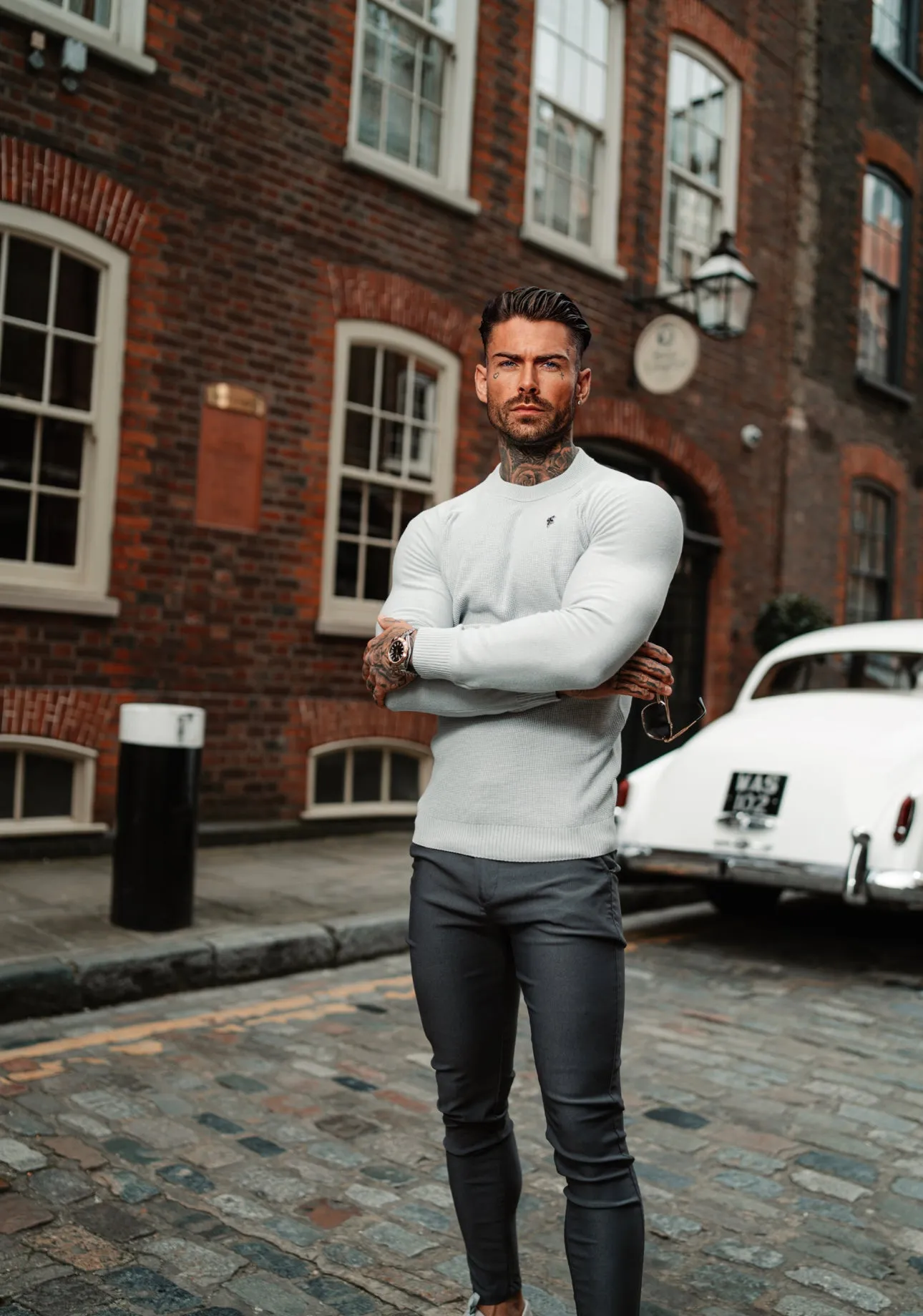 Father Sons Grey Knitted Honeycomb Raglan Crew Super Slim Jumper With Metal Decal - FSN063