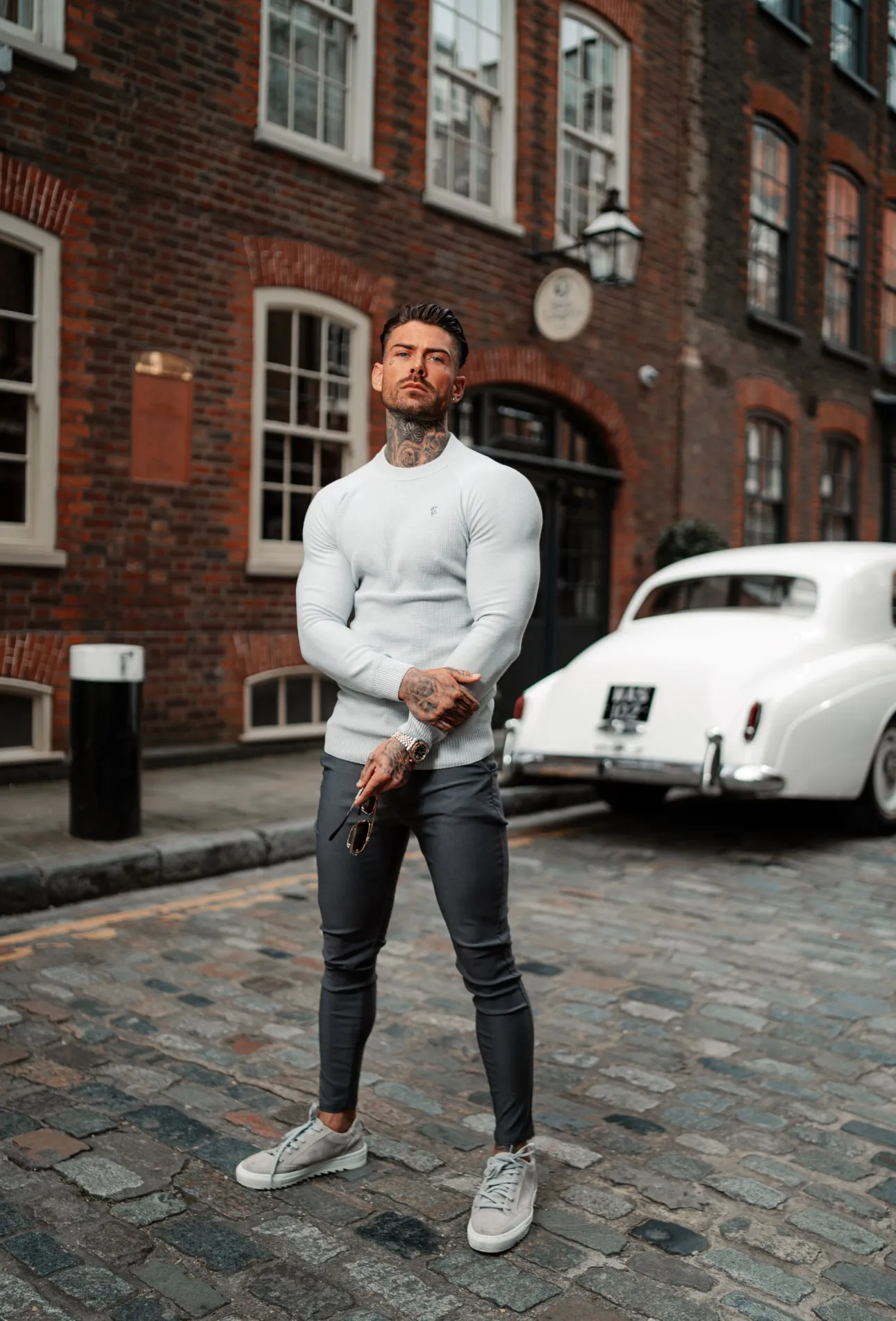 Father Sons Grey Knitted Honeycomb Raglan Crew Super Slim Jumper With Metal Decal - FSN063