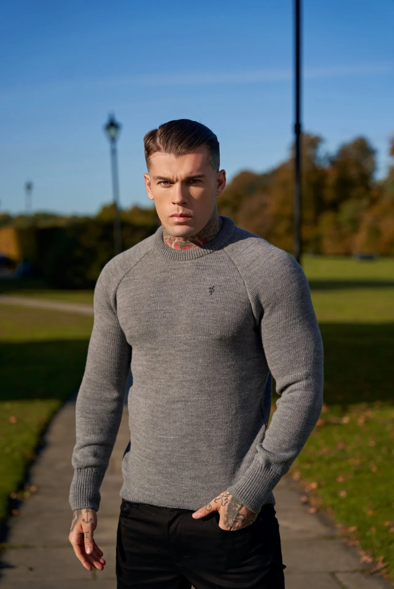 Father Sons Grey Knitted Raglan Crew Super Slim Jumper With Metal Decal - FSJ054