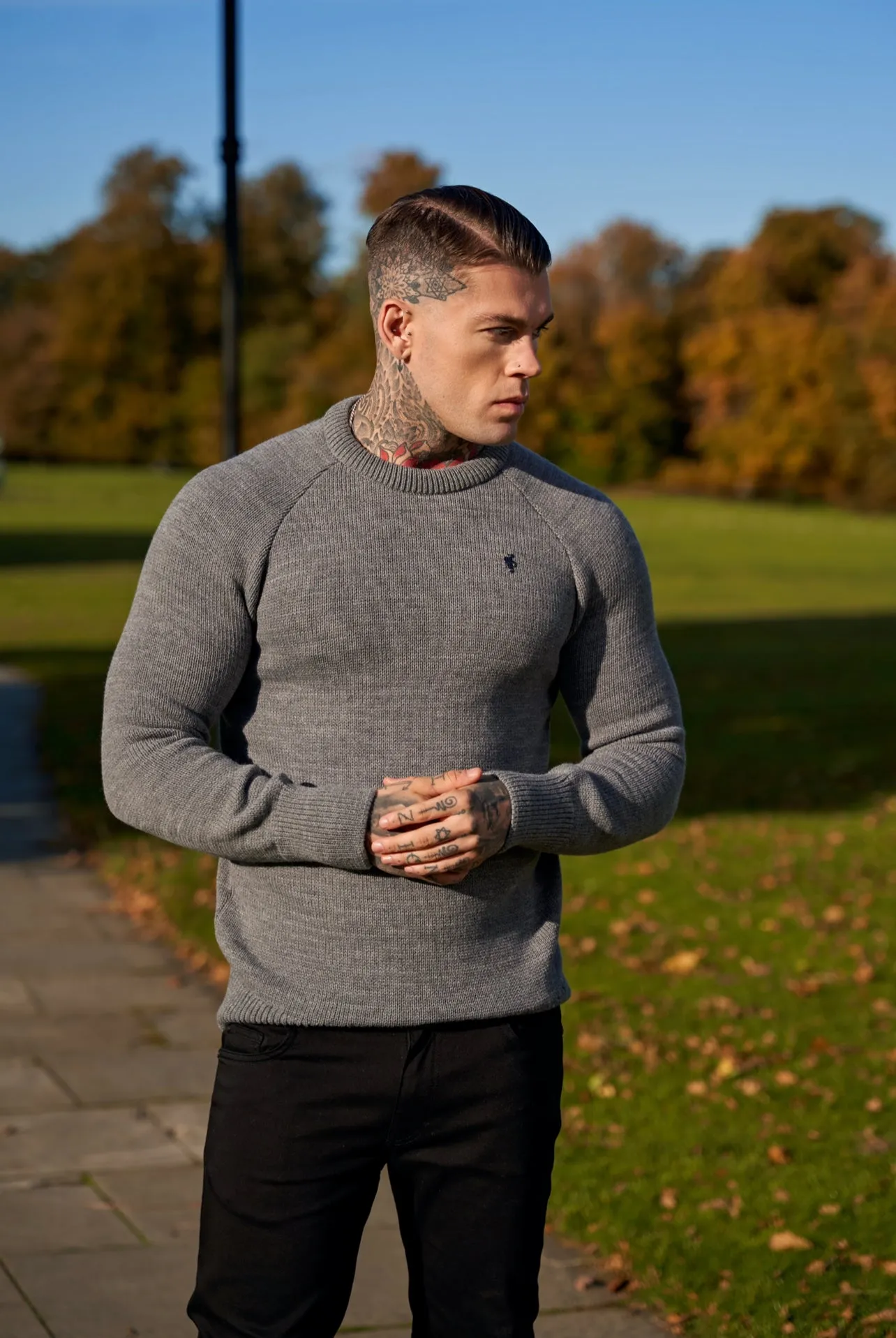 Father Sons Grey Knitted Raglan Crew Super Slim Jumper With Metal Decal - FSJ054