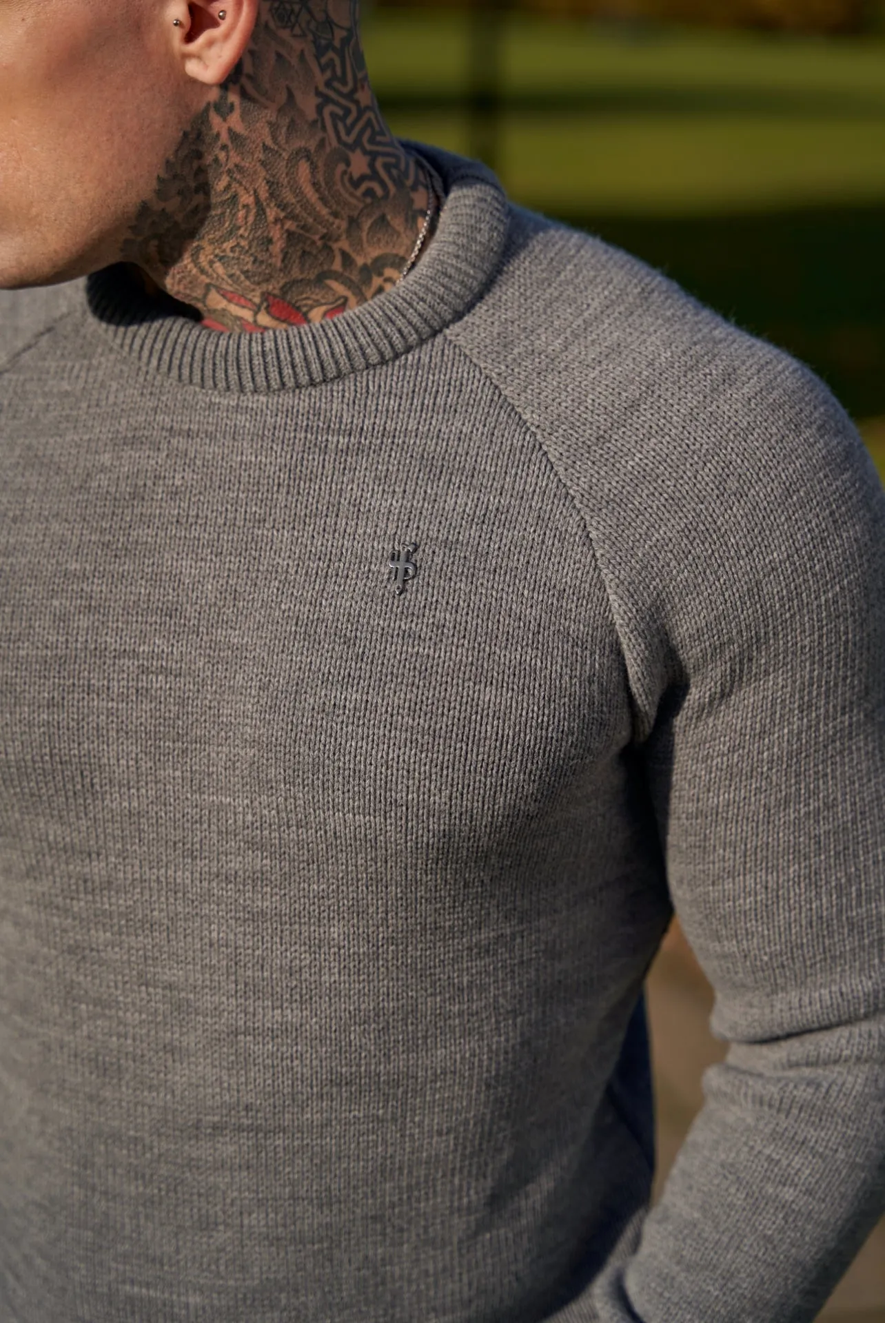 Father Sons Grey Knitted Raglan Crew Super Slim Jumper With Metal Decal - FSJ054