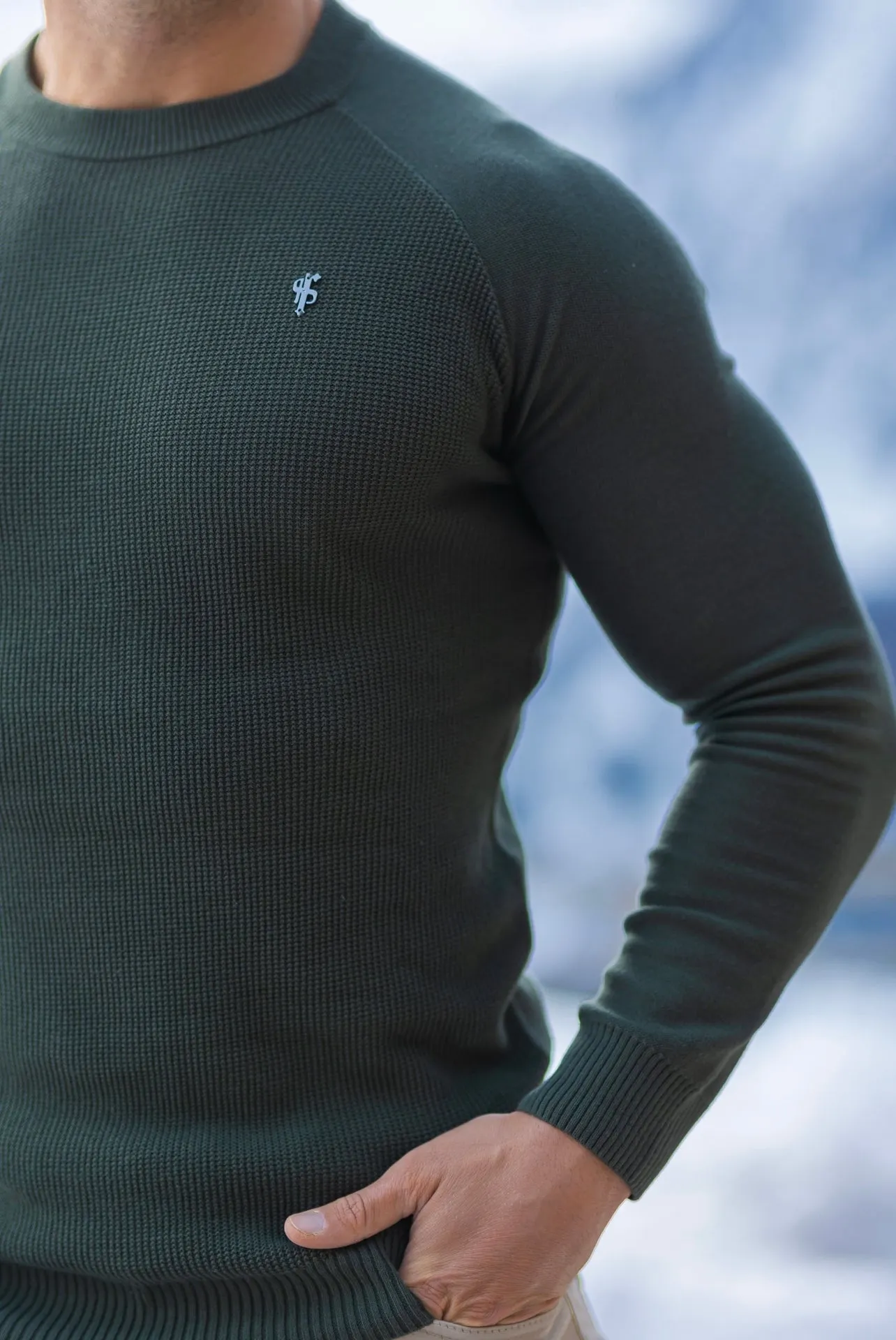 Father Sons Khaki Knitted Honeycomb Raglan Crew Super Slim Jumper With Metal Decal - FSN064