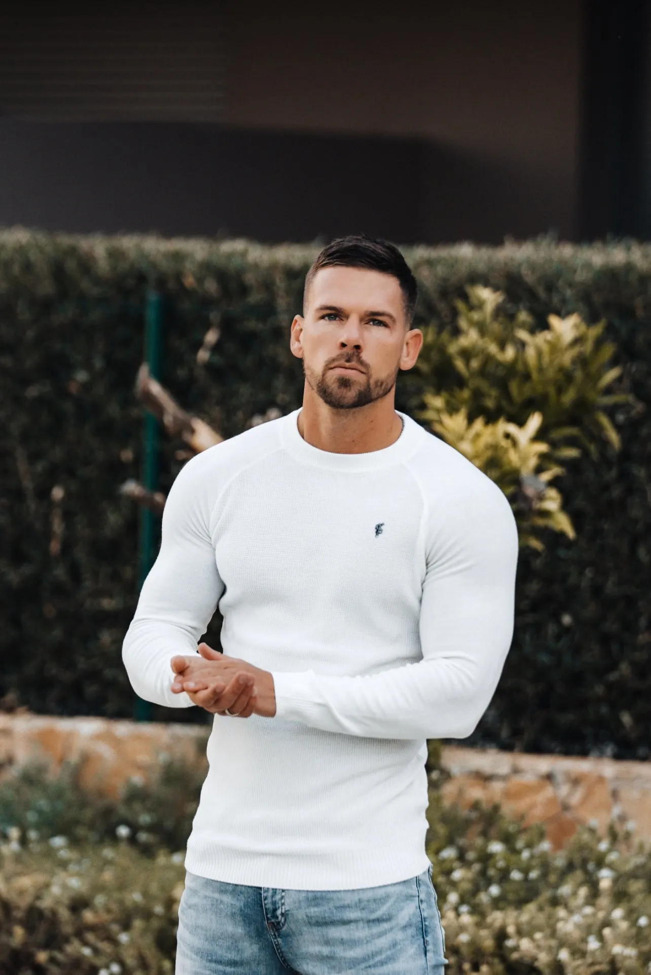 Father Sons Off White Knitted Honeycomb Raglan Crew Super Slim Jumper With Metal Decal - FSN061