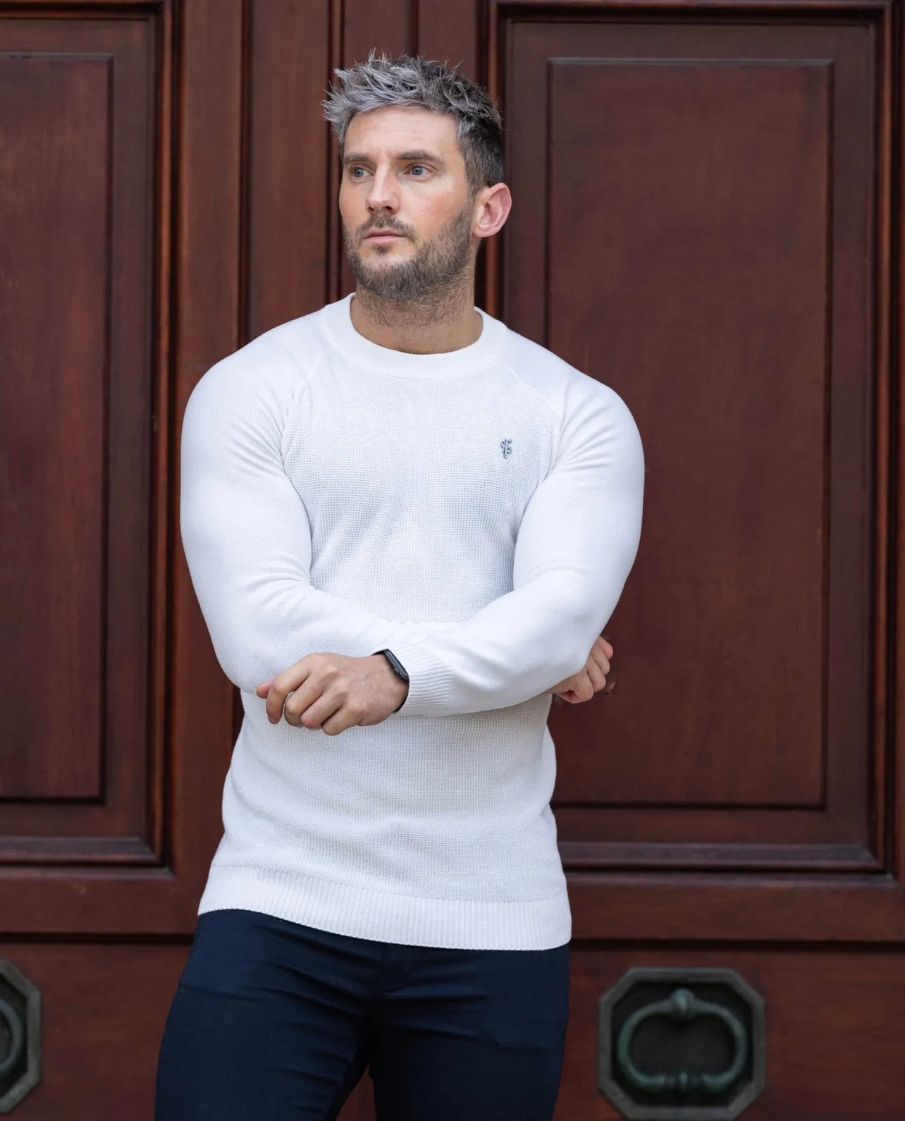 Father Sons Off White Knitted Honeycomb Raglan Crew Super Slim Jumper With Metal Decal - FSN061