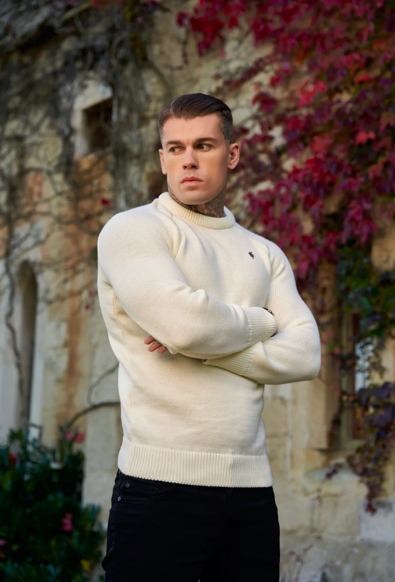 Father Sons Off White Knitted Raglan Crew Super Slim Jumper With Metal Decal - FSJ052