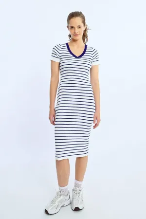 FITTED STRIPED DRESS, OPEN HEART AT THE BACK