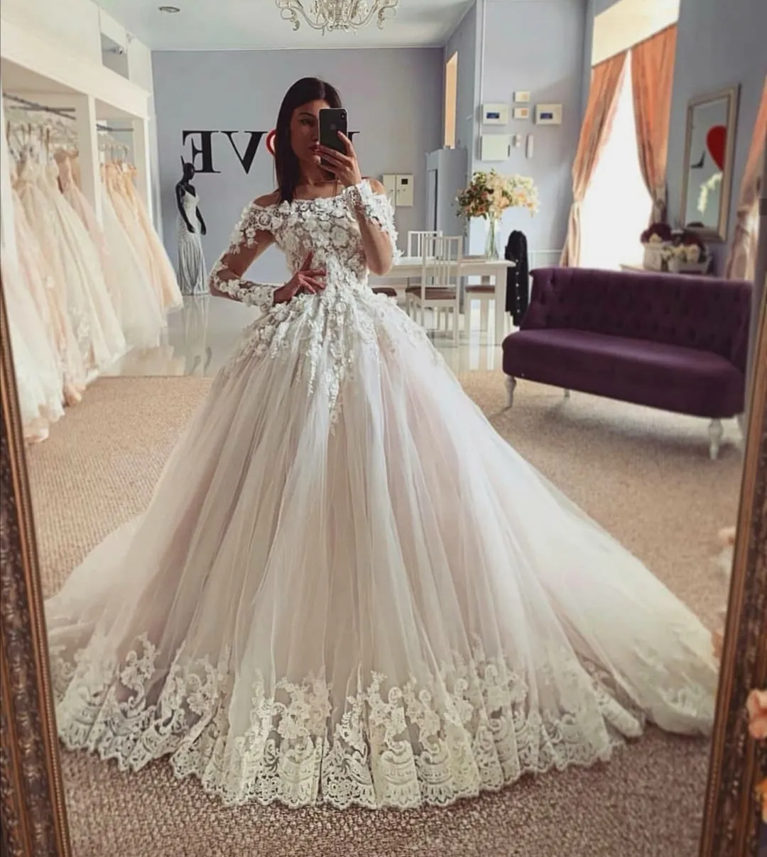 Floral Lace Off-the-shoulder Sleeves Wedding Gown with Lace Train