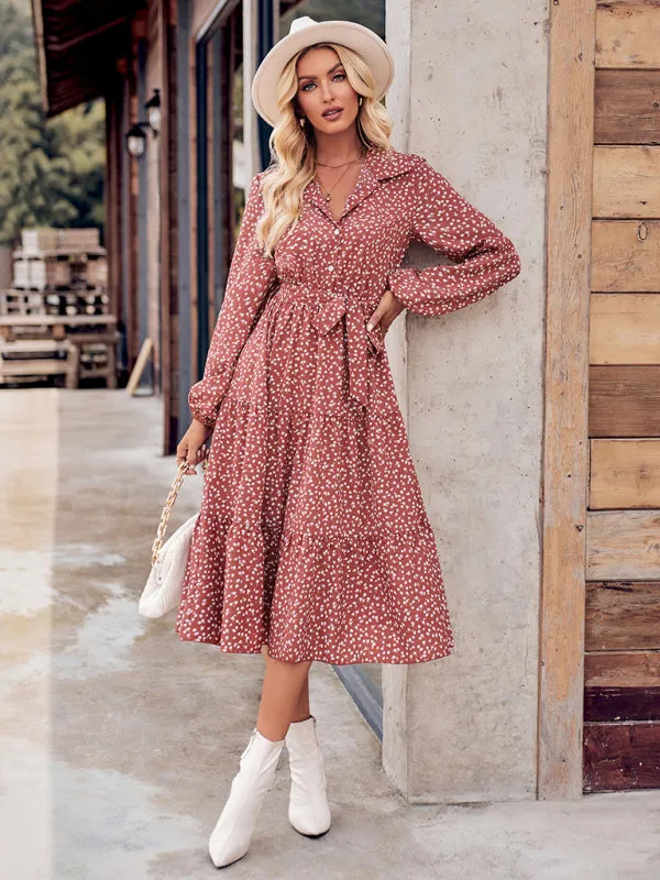 Floral Print Shirt Dress with Tie-Waist and Tiered Skirt