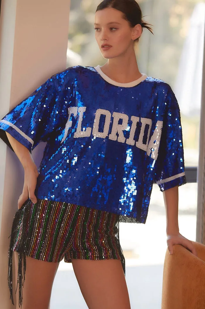 Game Day Florida Sequin Top - Blue & White