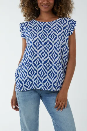 Geometric Print Frill Sleeve Top