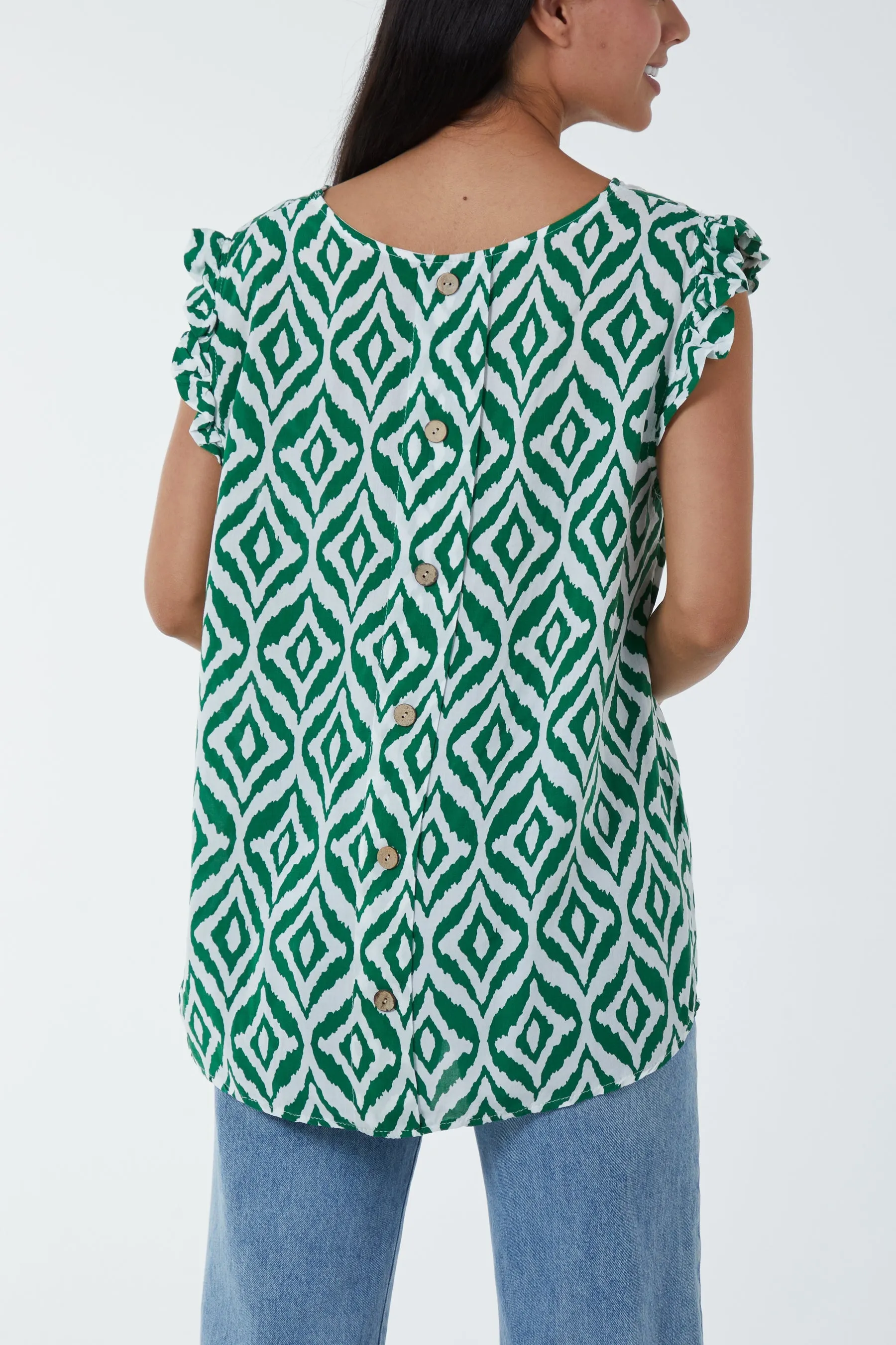 Geometric Print Frill Sleeve Top