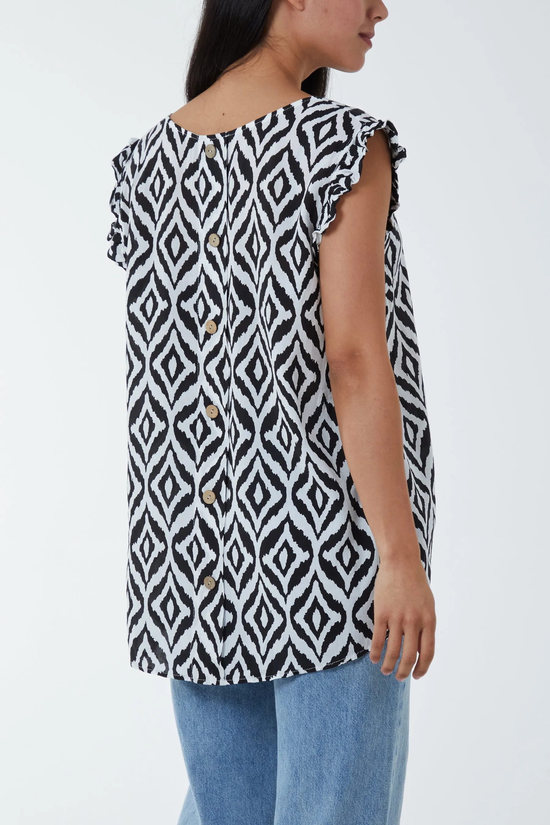 Geometric Print Frill Sleeve Top