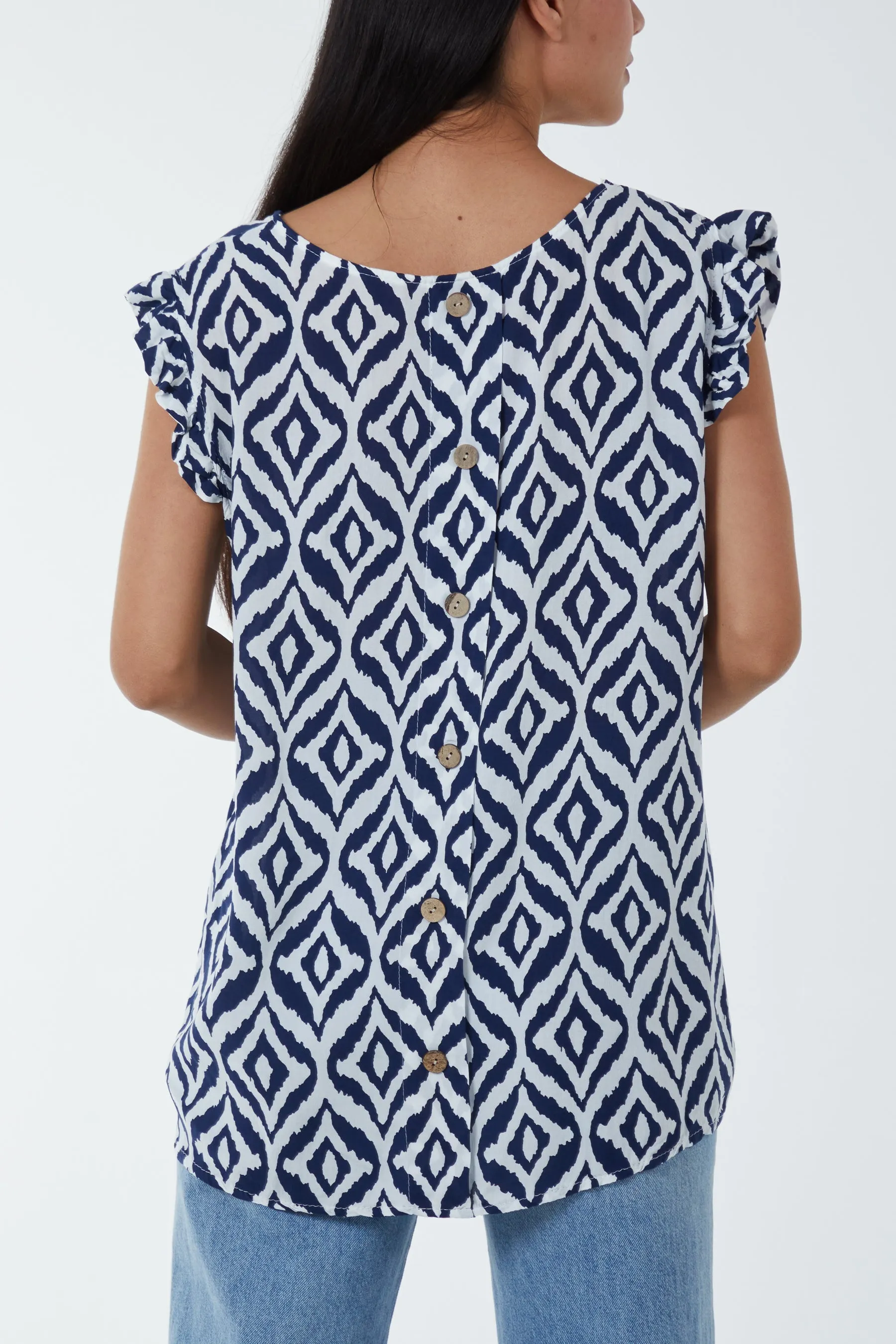 Geometric Print Frill Sleeve Top