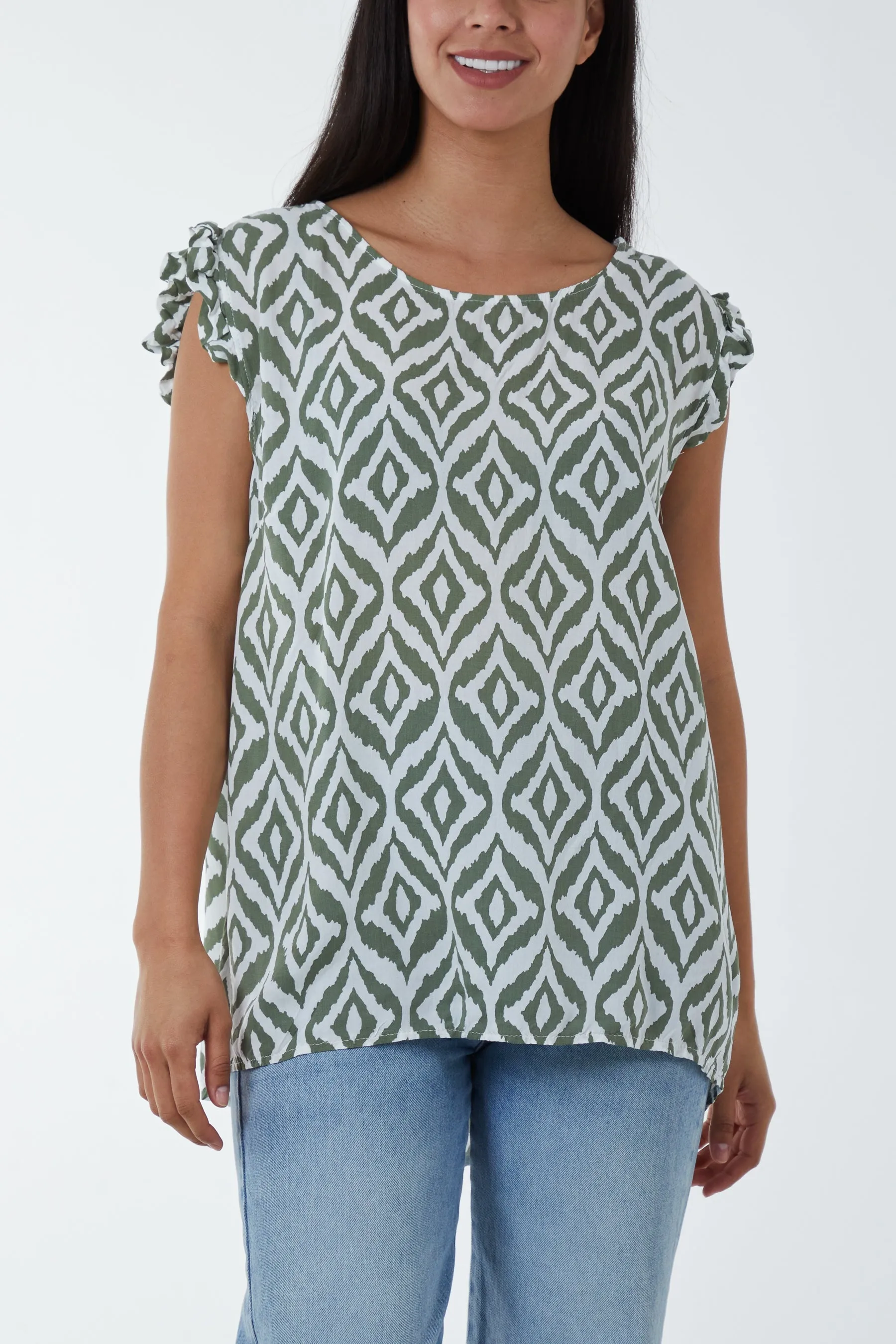 Geometric Print Frill Sleeve Top