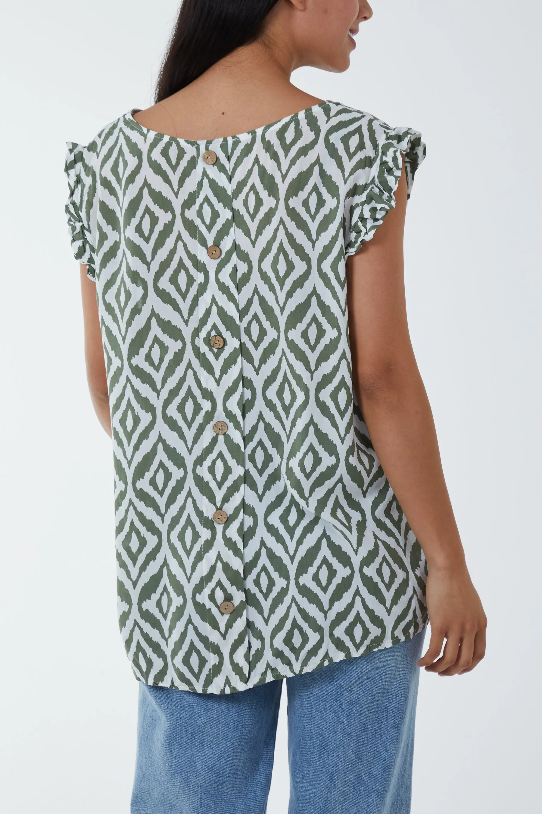 Geometric Print Frill Sleeve Top