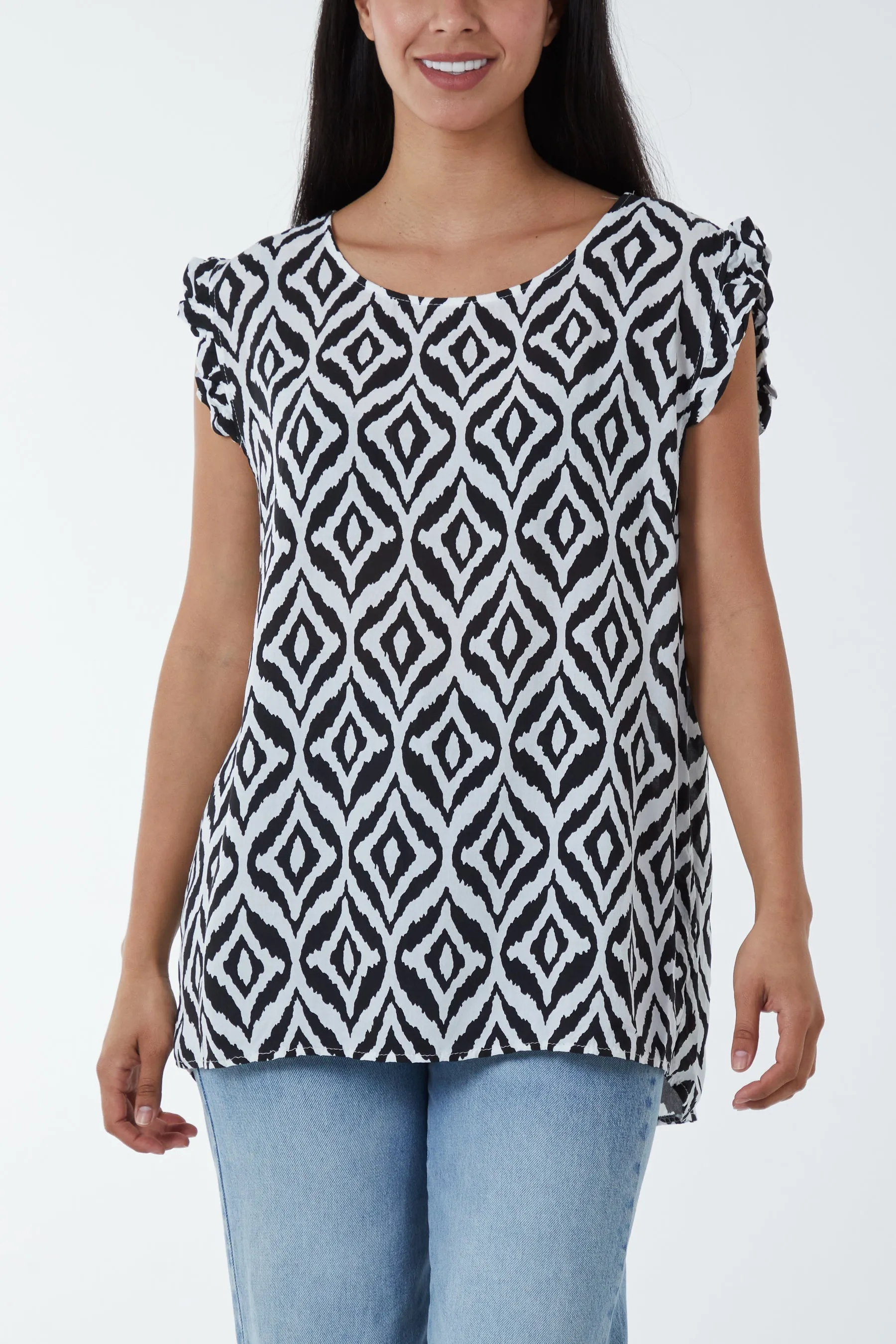 Geometric Print Frill Sleeve Top
