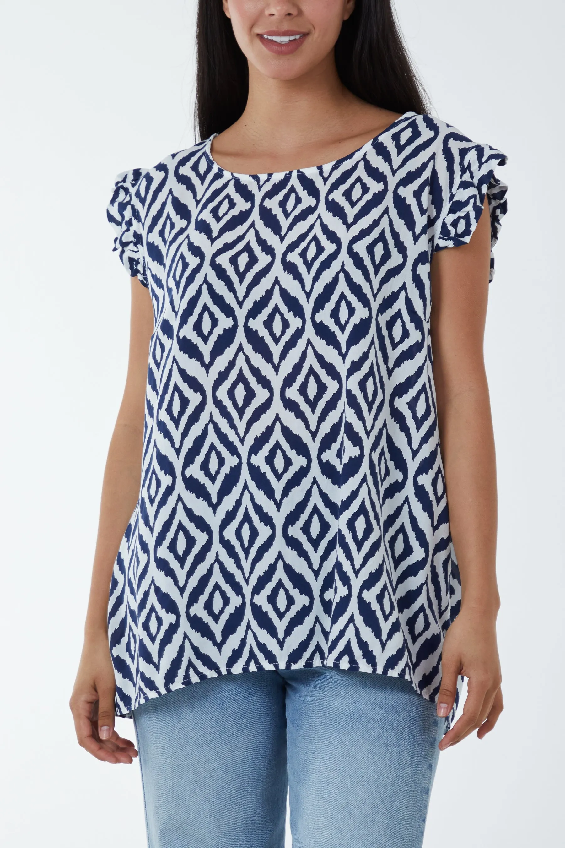 Geometric Print Frill Sleeve Top