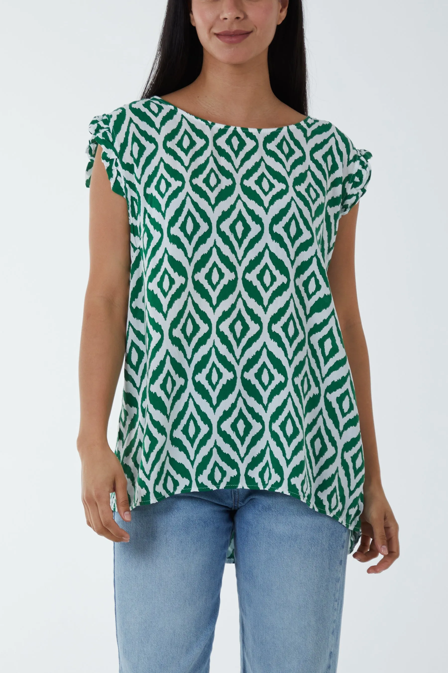 Geometric Print Frill Sleeve Top