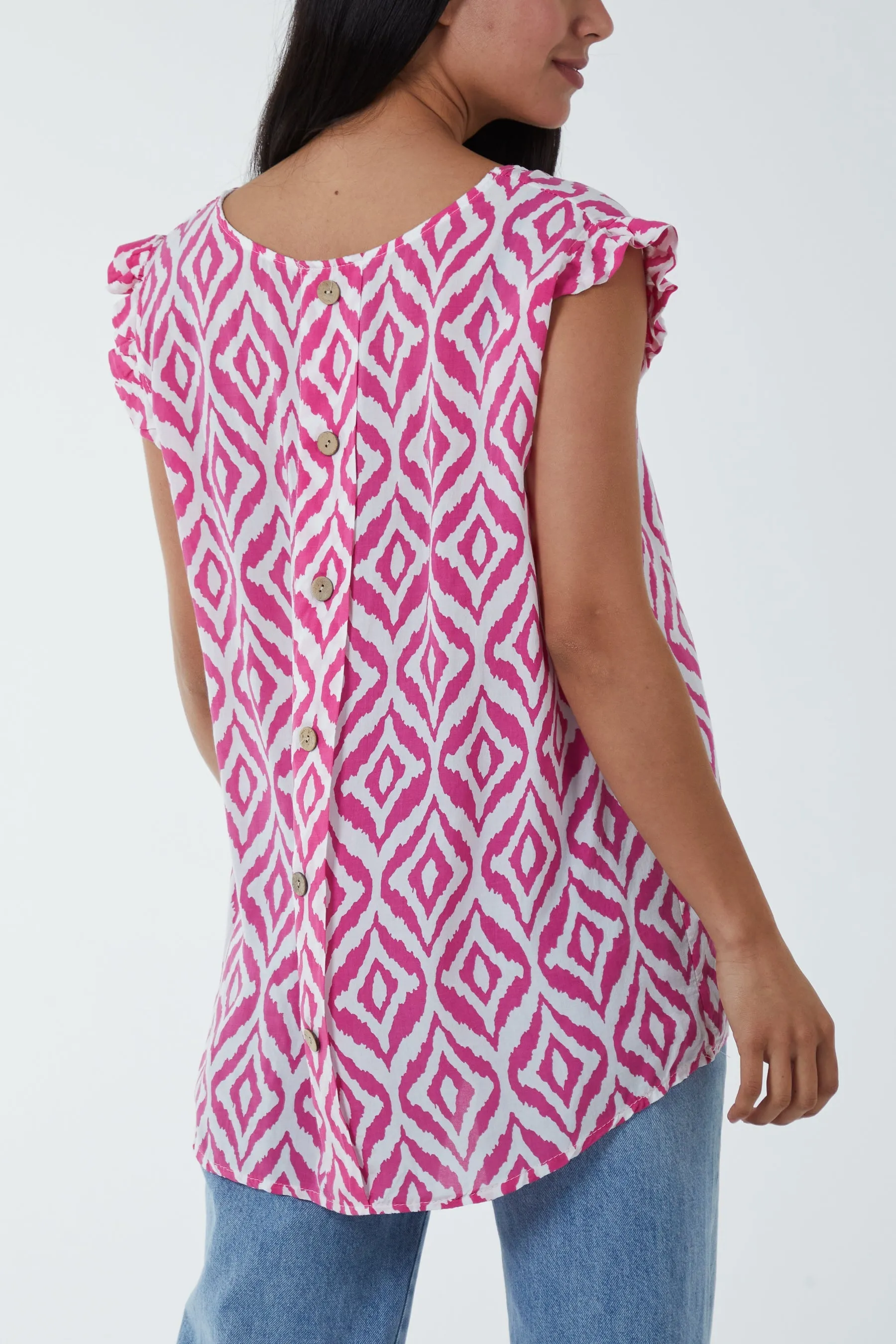 Geometric Print Frill Sleeve Top